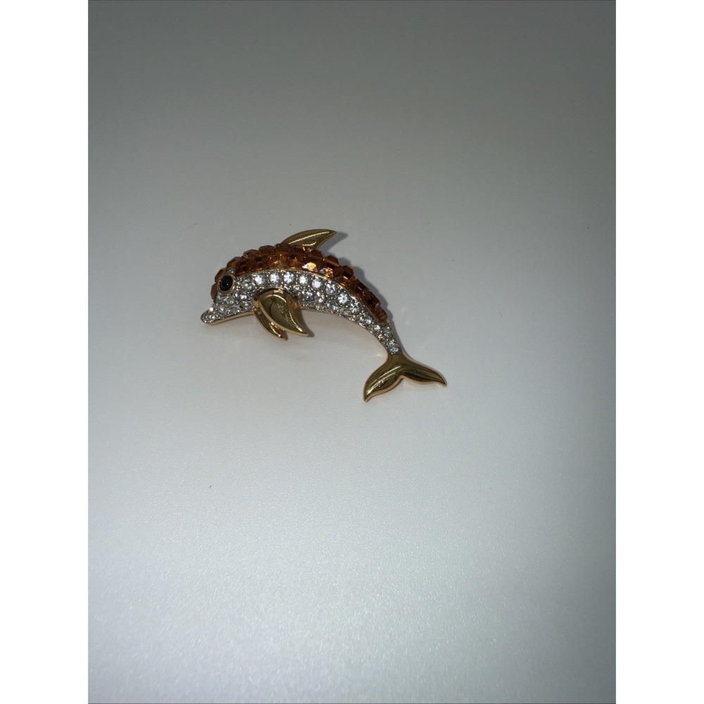 Gold‎ Tone Amber And Crystal Rhinestones Dolphin Brooch